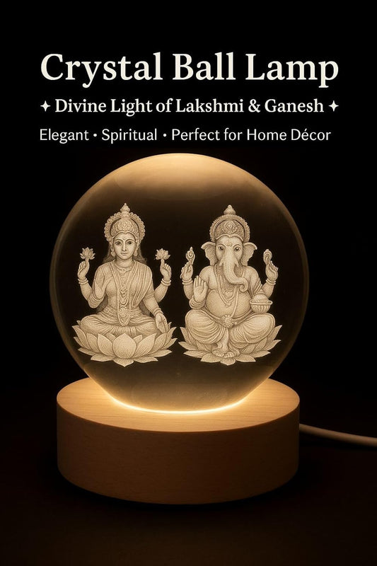 Lakshmi Ganesh Crystal Ball Lamp with Wooden Base | 3D Engraved LED Night Light for Home Decor, Puja Room & Diwali Gift & Festivals