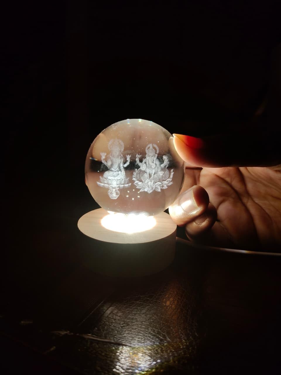 Lakshmi Ganesh Crystal Ball Lamp with Wooden Base | 3D Engraved LED Night Light for Home Decor, Puja Room & Diwali Gift & Festivals