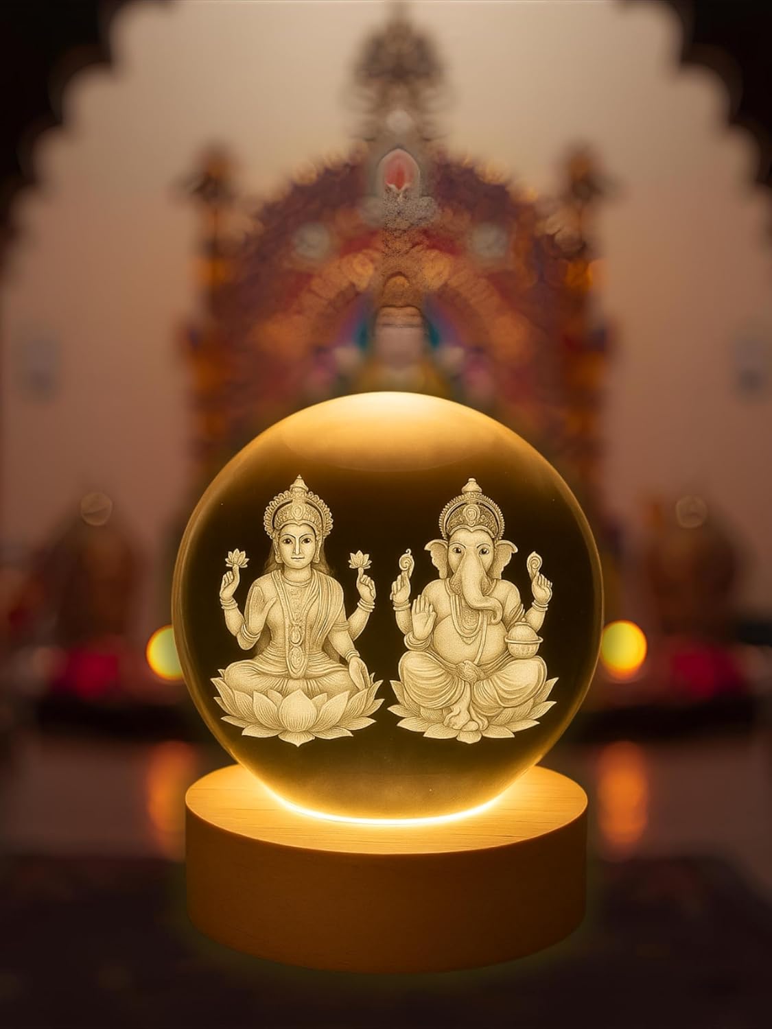 Lakshmi Ganesh Crystal Ball Lamp with Wooden Base | 3D Engraved LED Night Light for Home Decor, Puja Room & Diwali Gift & Festivals