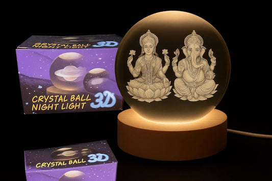 Lakshmi Ganesh Crystal Ball Lamp with Wooden Base | 3D Engraved LED Night Light for Home Decor, Puja Room & Diwali Gift & Festivals